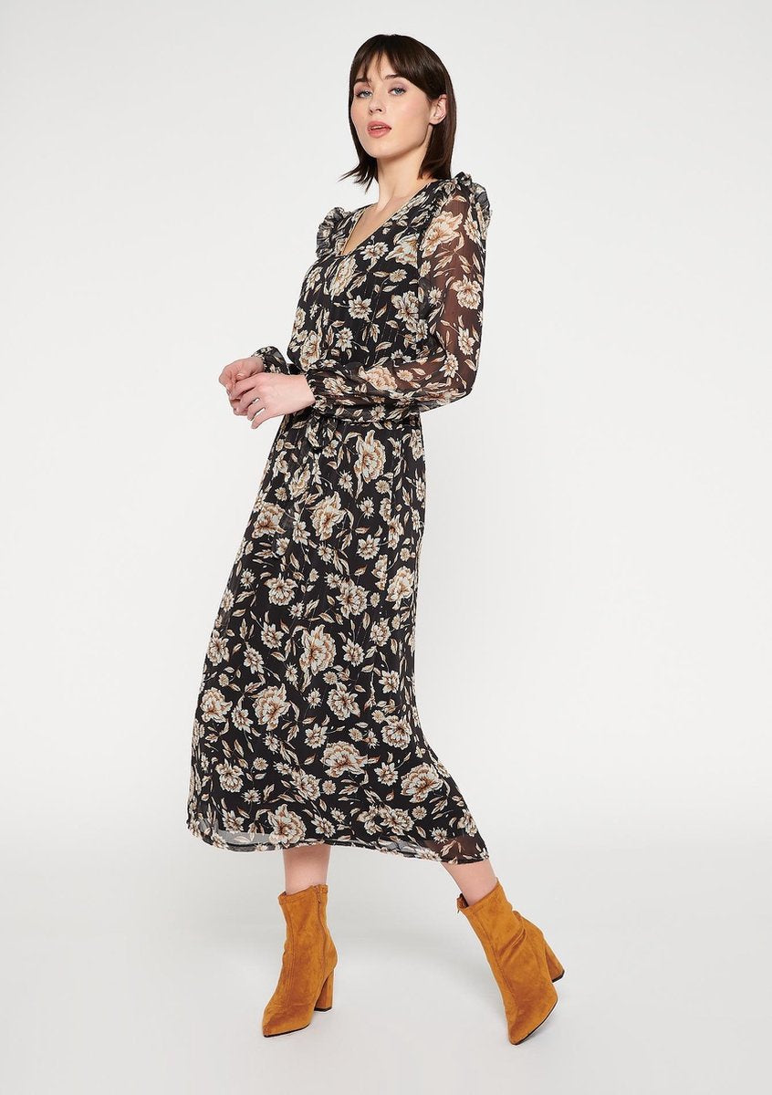 Maxi jurk met bloemen en lange mouwen - Camel