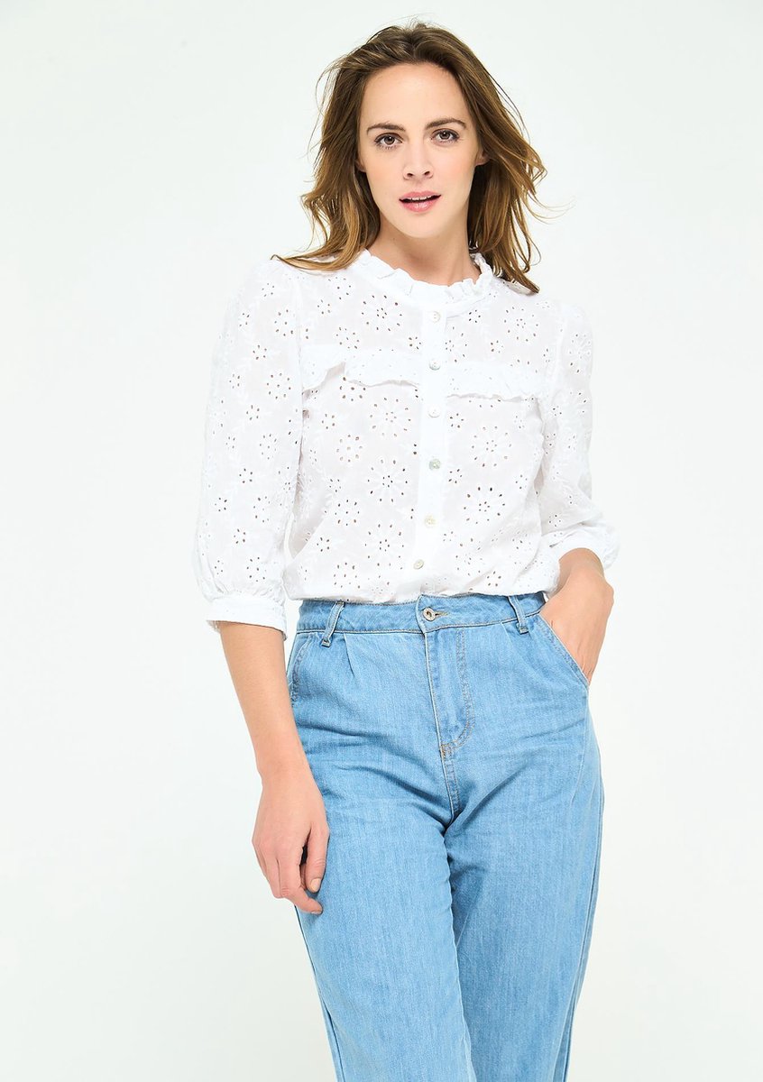 Blouse met ruches en bloemen - Wit