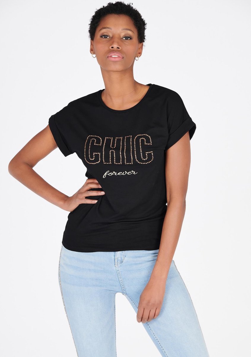 T-shirt met strass steentjes en tekst - Zwart