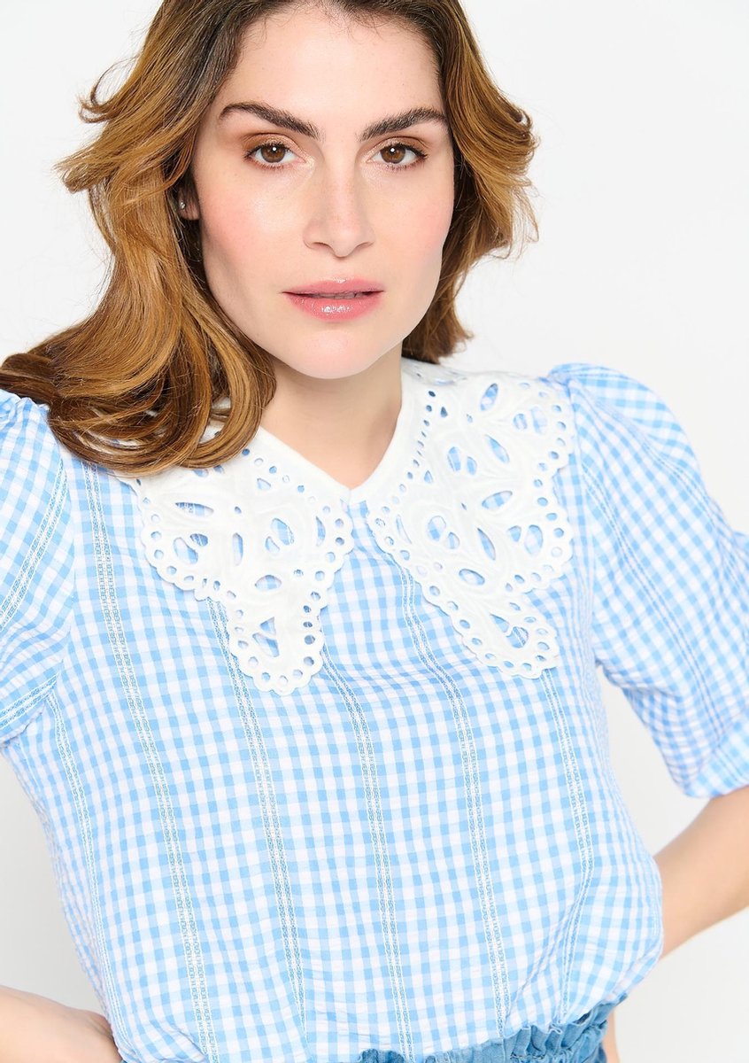 Geblokte blouse met driekwartsmouw - Light Blauw