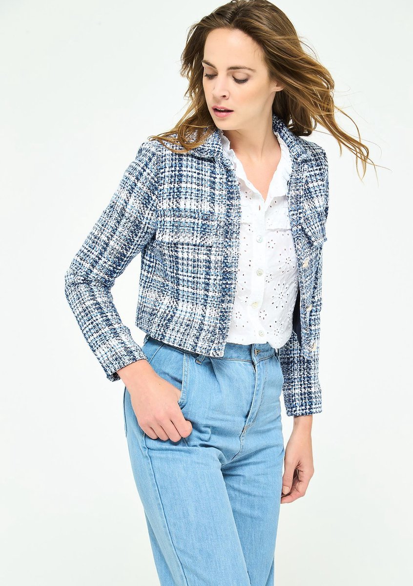Korte tweed jack met knopen - Blauw