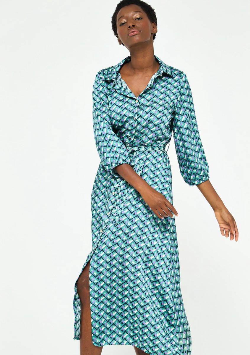 Lange overhemd jurk met retro print - Groen