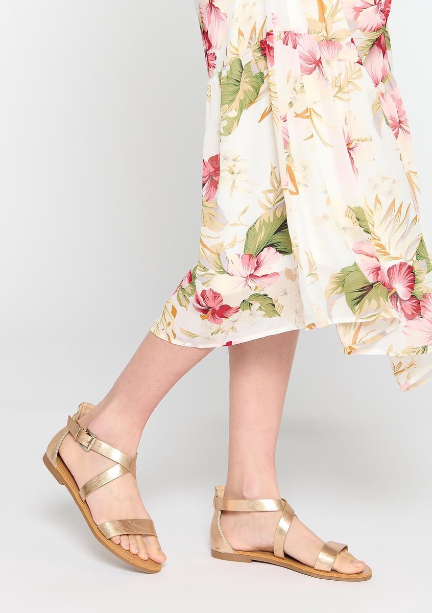 Platte sandalen met goud metallic finish - Beige