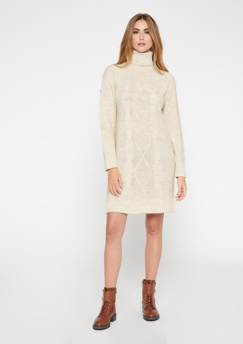 Gebreide mini jurk met rolkraag - Beige