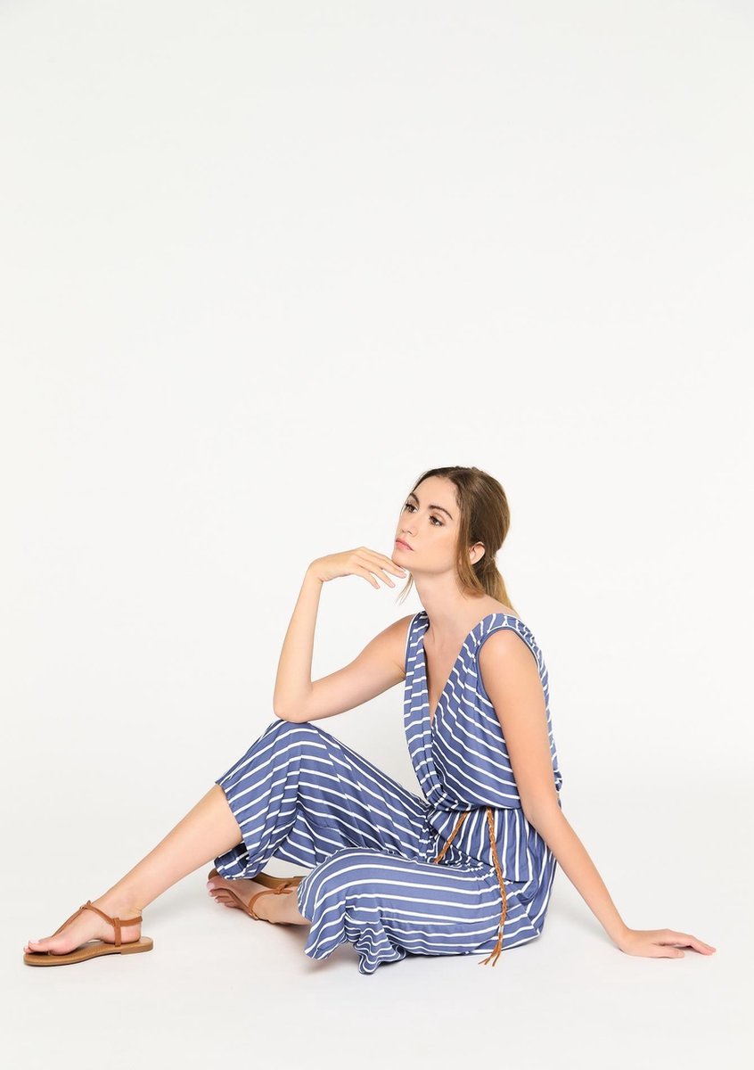 Jumpsuit met strepen en ceintuur - Blauw