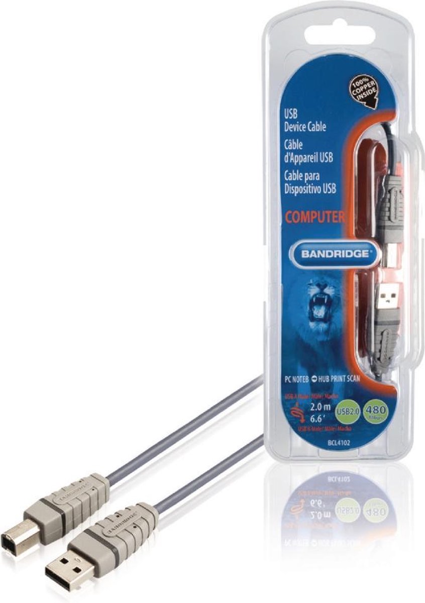 Bandridge - USB 2.0 A-B Kabel - Grijs - 2 meter