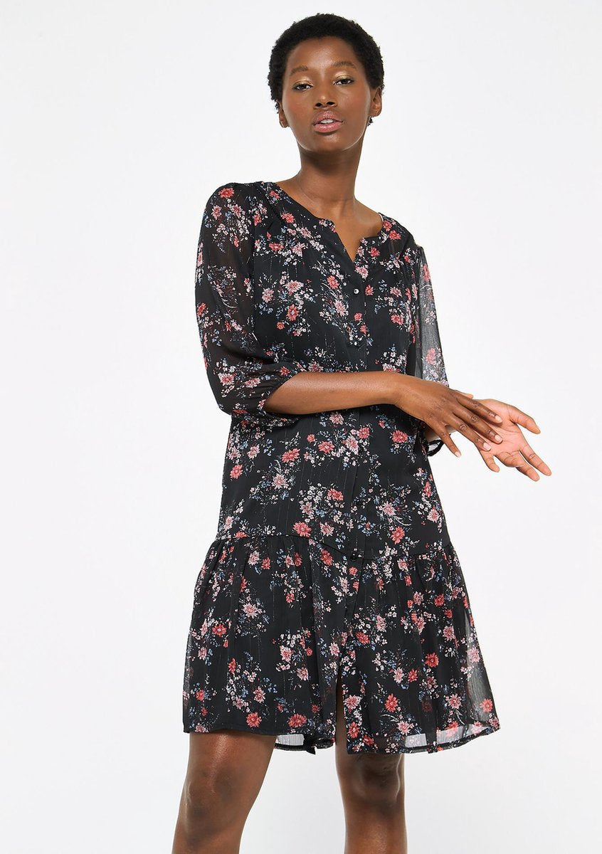 Babydoll jurk met bloemen en lurex - Roze