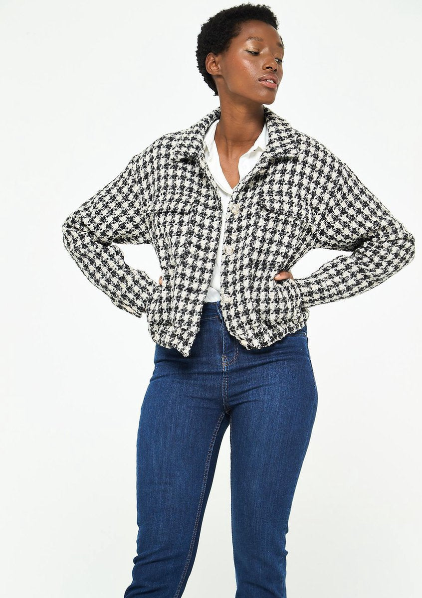 Bomber jack met tweed print - Zwart