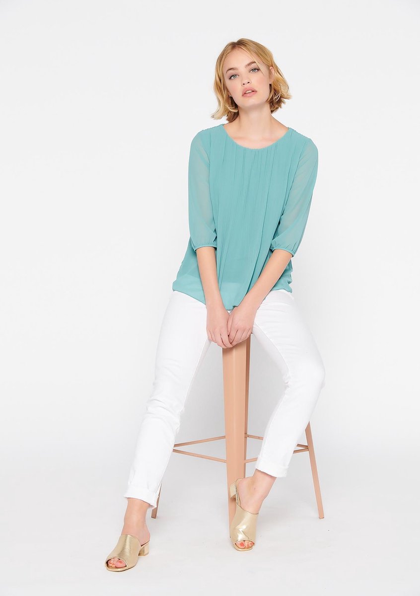 Plissé blouse met 3/4 mouwen - Turquoise