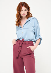 Satijnen blouse met halflange mouwen - Blauw