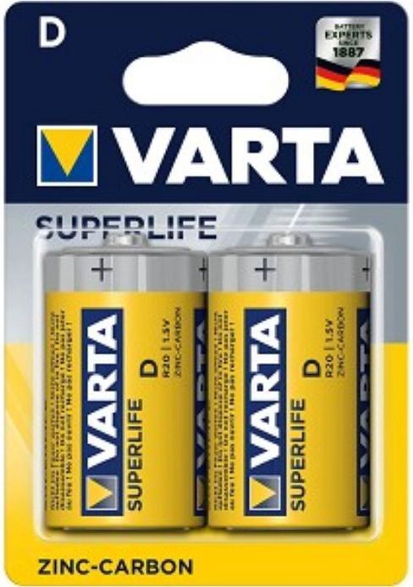 Varta Superlife D R20. Zink-Carbon. per 2. (hangverpakking)