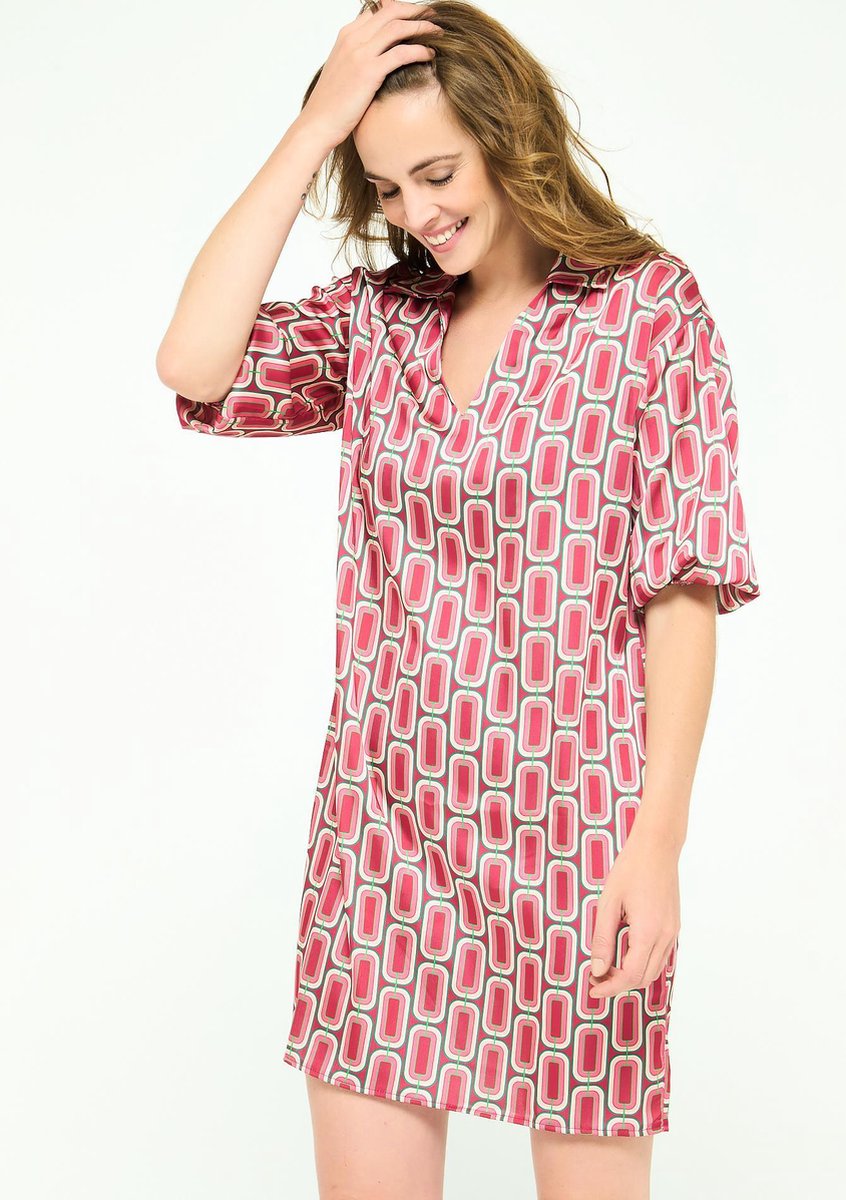 Jurk met retro print en wijde mouwen - Rood