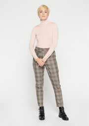 Geblokte broek met ceintuur - Beige