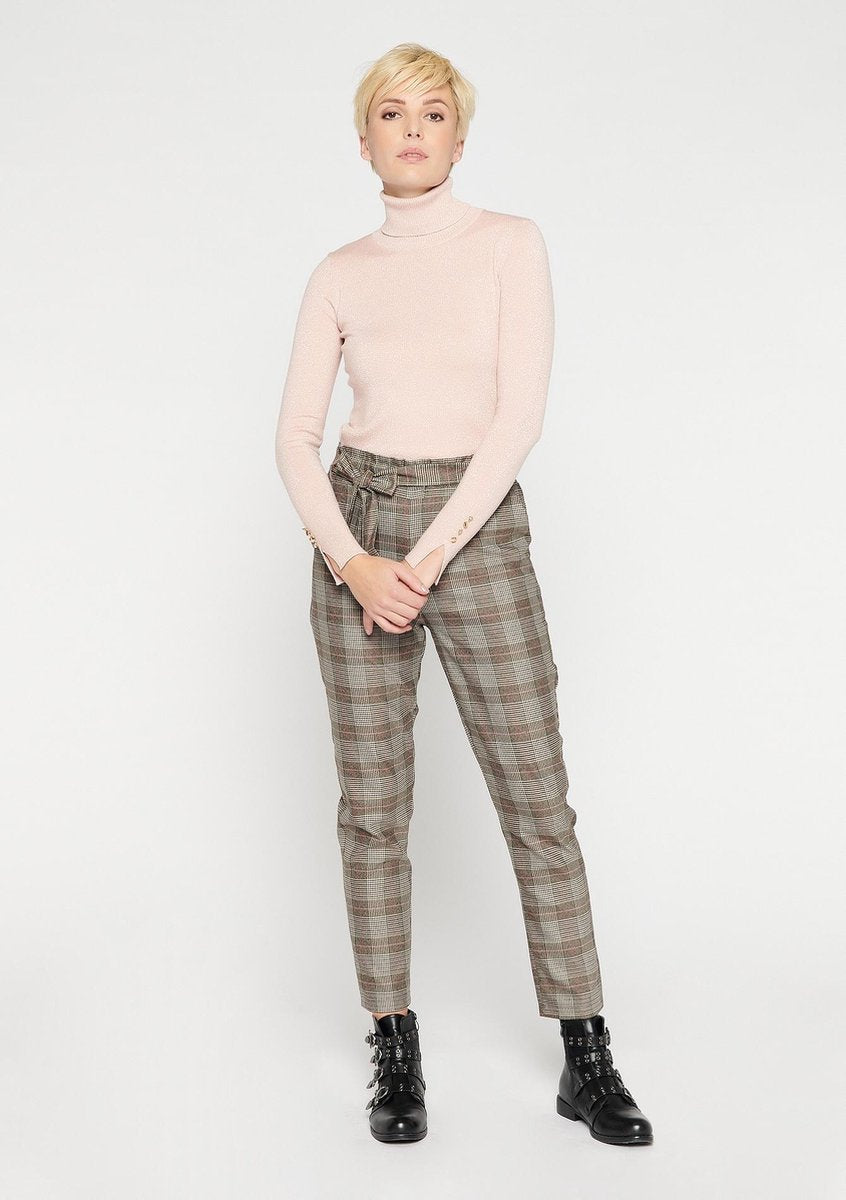 Geblokte broek met ceintuur - Beige