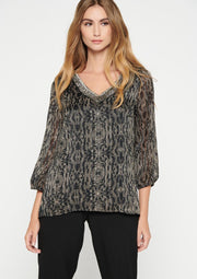 Blouse met print en bewerkte hals - Zwart