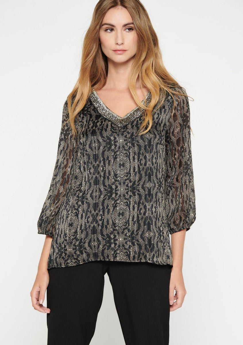 Blouse met print en bewerkte hals - Zwart