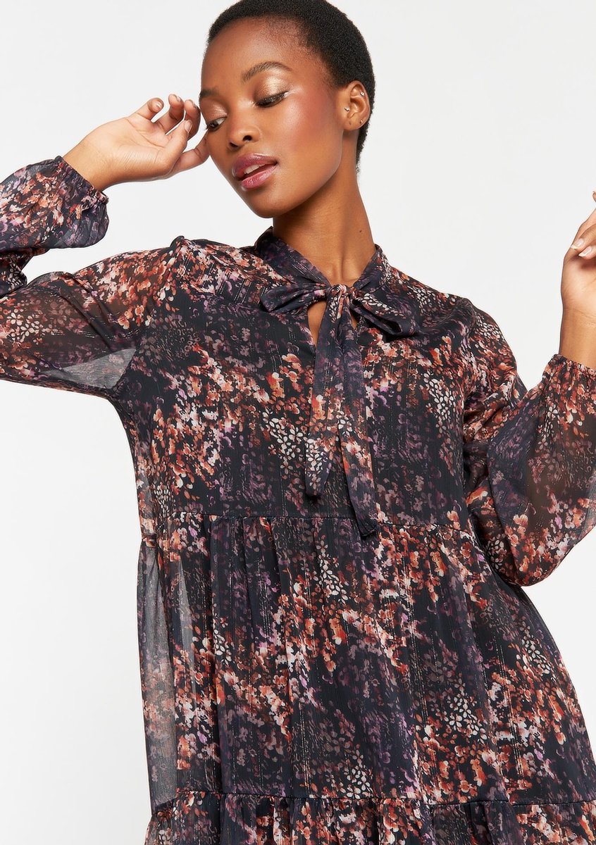 Mini jurk met bloemen en lange mouwen - Zwart