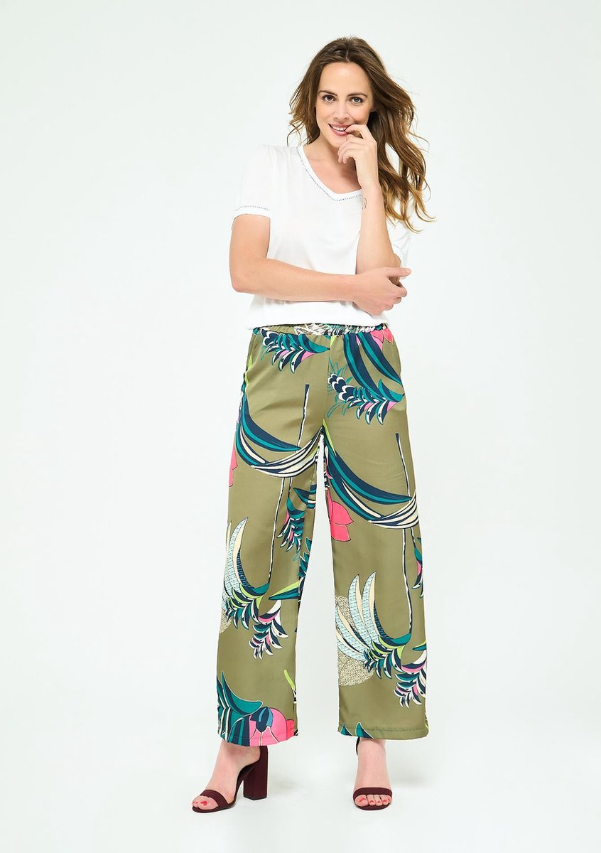Wijde broek met tropische print - Khaki