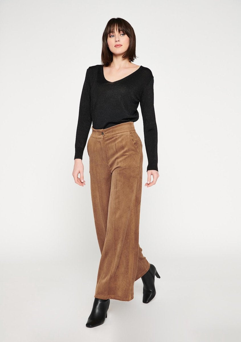 Fluwelen broek met wijde broekspijpen - Bruin