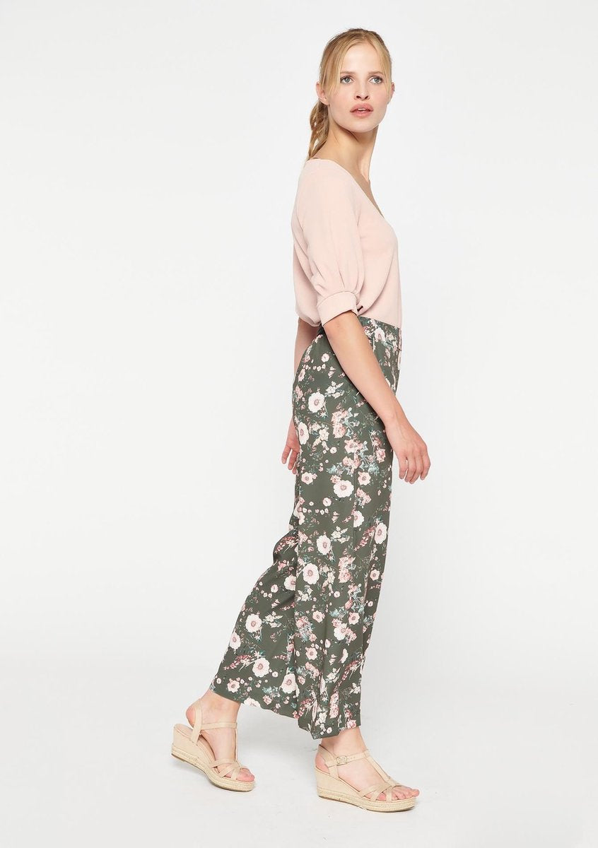 Losse broek met bloemen - Khaki