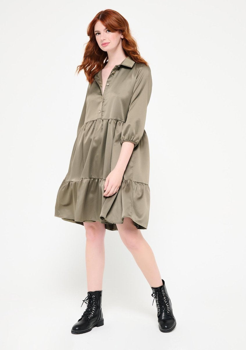 Satijnen overhemd jurk met knopen - Khaki