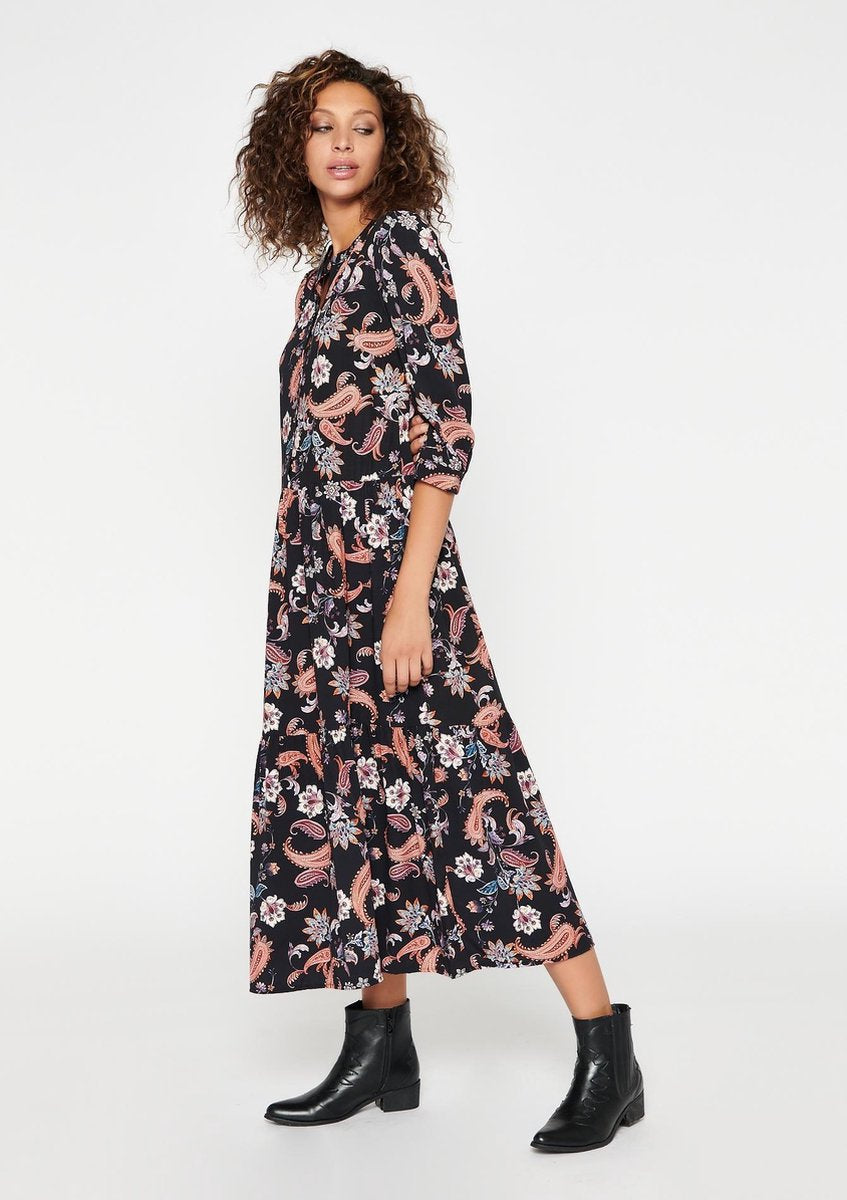 Maxi jurk met bloemen en driekwartsmouw - Zwart
