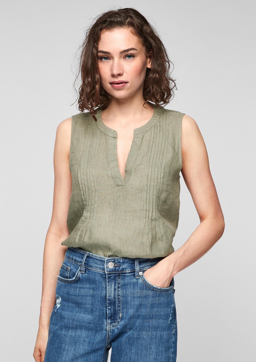 s.Oliver Blouse Dames Mouwloos - Regular Fit - V Hals - 100% Linnen - Groen - Maat L (40)