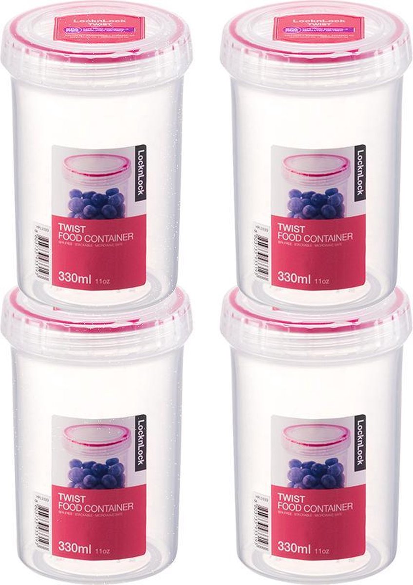 Lock&Lock - Twist Vershoudbakjes | Voorraadbussen | Bewaardozen voedsel - 330 ml - Rond - Set van 4 stuks