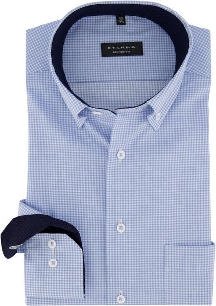 ETERNA comfort fit overhemd - twill heren overhemd - lichtlauw met wit geruit (contrast) - Strijkvrij - Boordmaat: 47