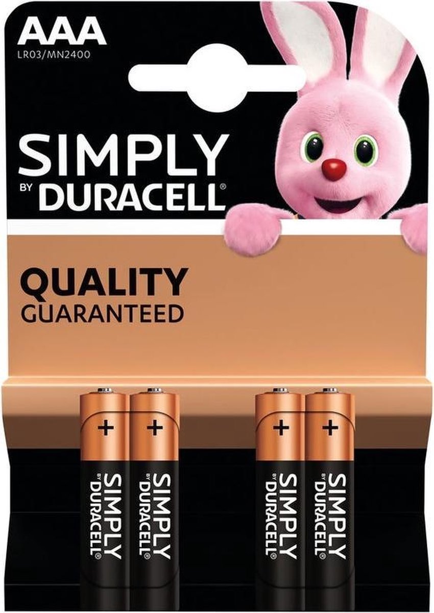 Set van 4x Duracell AAA Simply batterijen 1.5 V - alkaline - LR03 MN2400 - Batterijen pack