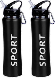 2x Sport Bidon drinkfles/waterfles Sport print zwart 600 Ml van Aluminium met karabijnhaak