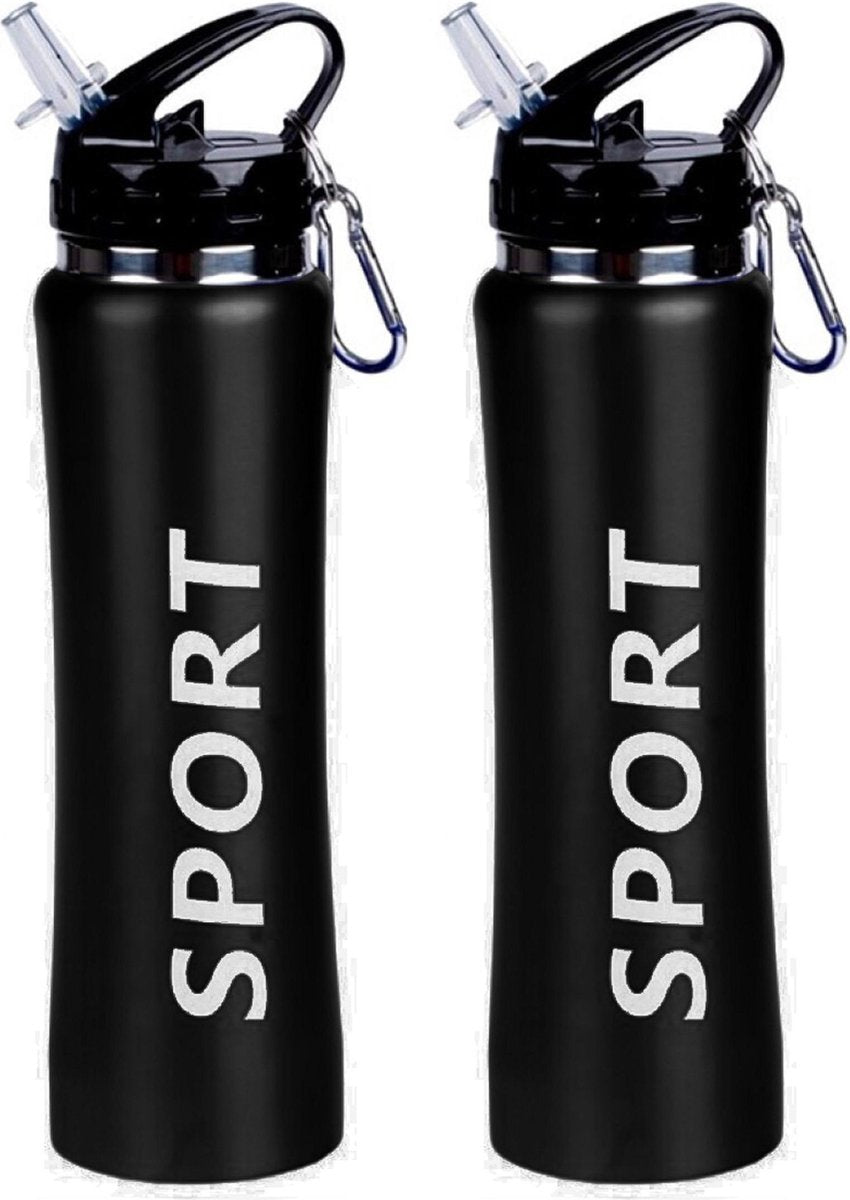 2x Sport Bidon drinkfles/waterfles Sport print zwart 600 Ml van Aluminium met karabijnhaak
