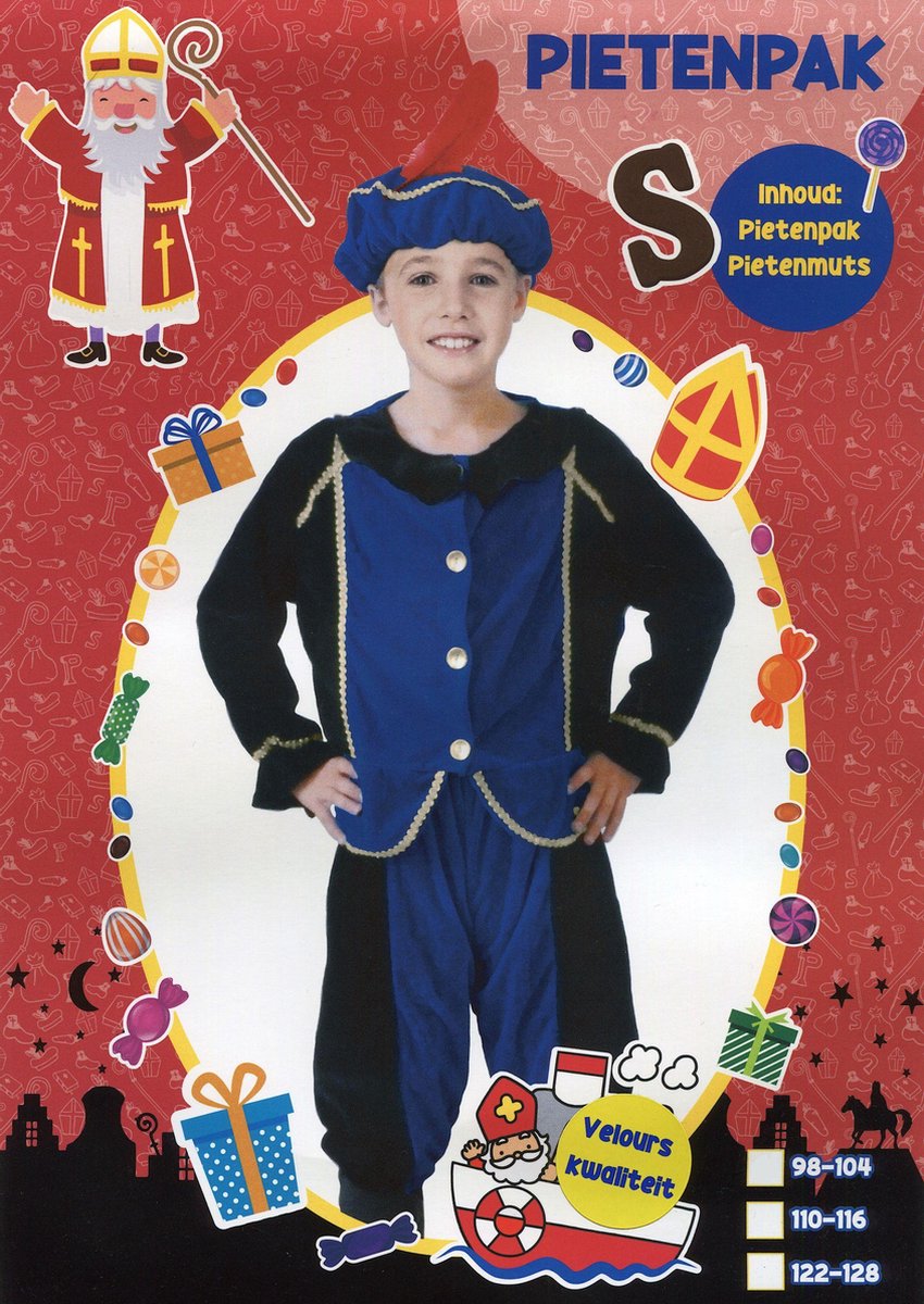 Pietenpak – Velours - Kind - 3 delig - maat 98-104 – Blauw / Zwart