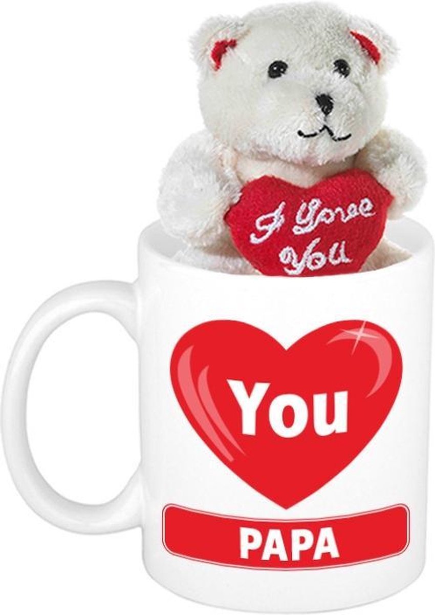 Vader cadeau hartje I Love Papa beker / mok 300 ml met beige knuffelbeertje met love hartje - Vaderdag cadeautje