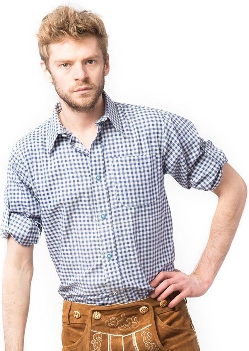 Boeren Tirol & Oktoberfest Kostuum | Toni Trachtenshirt Oktoberfest Blauw Man | Maat 54-56 | Bierfeest | Verkleedkleding