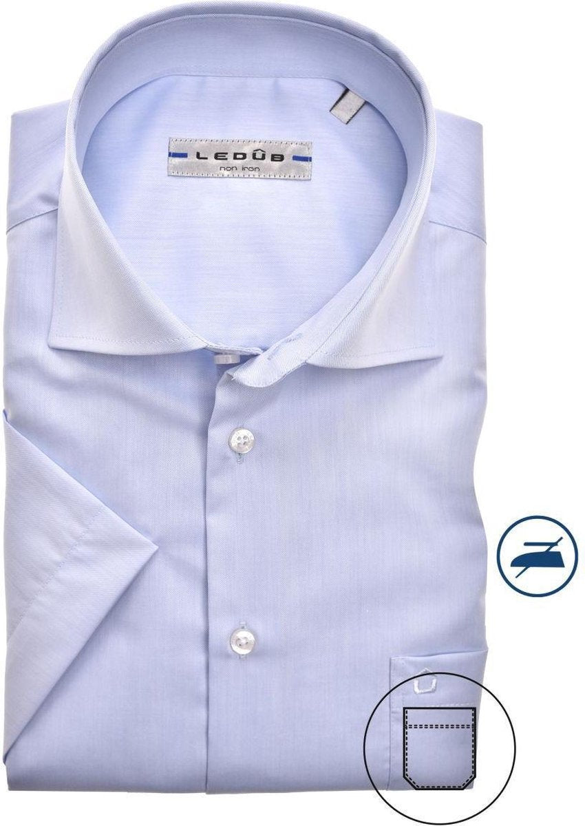 Ledub Modern Fit overhemd - korte mouw - lichtblauw twill - Strijkvrij - Boordmaat: 47