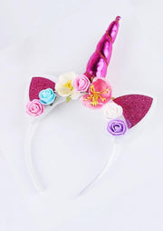 Eenhoorn haarband roze unicorn diadeem met oortjes en bloemetjes - pink hoorn - bloemen wit roze blauw paars festival