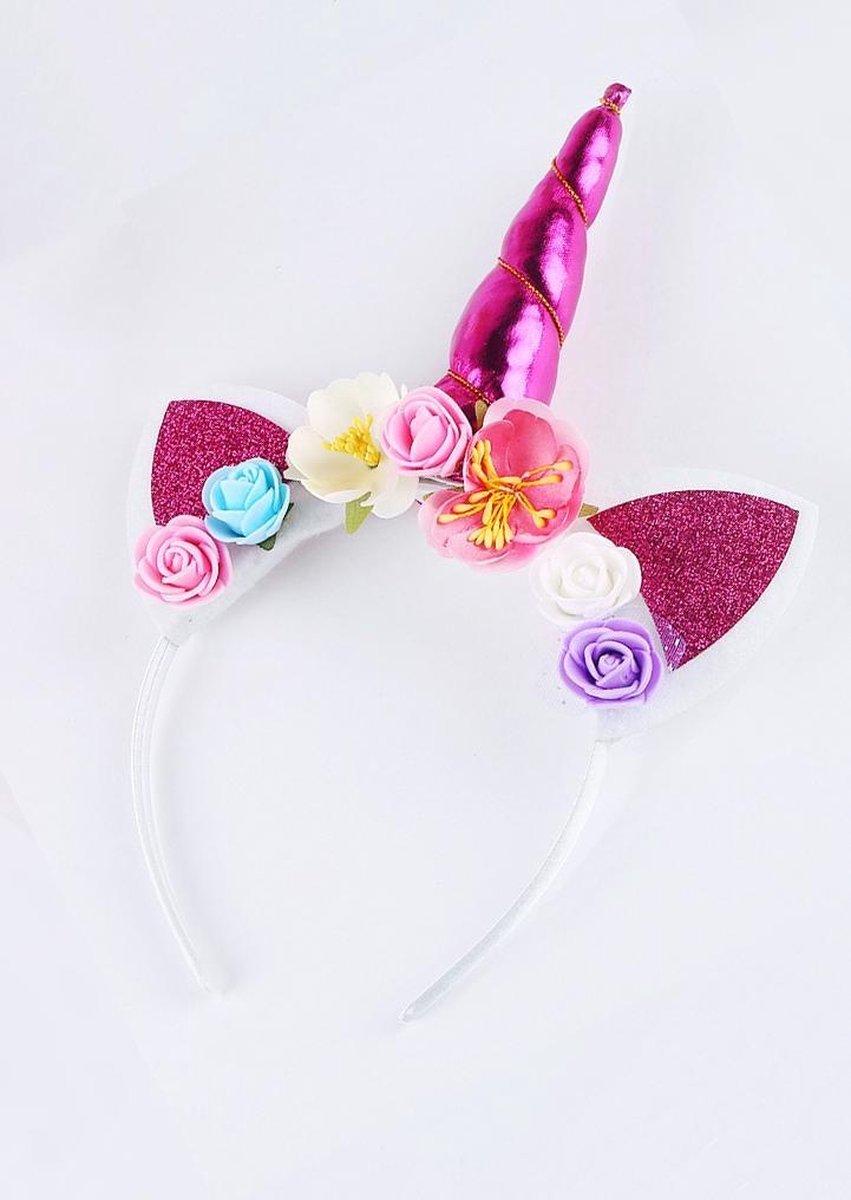 Eenhoorn haarband roze unicorn diadeem met oortjes en bloemetjes - pink hoorn - bloemen wit roze blauw paars festival