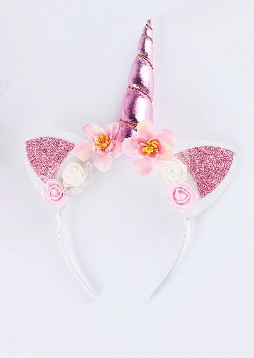 Eenhoorn haarband lichtroze unicorn diadeem met oortjes en bloemetjes - roze hoorn - bloemen wit roze festival