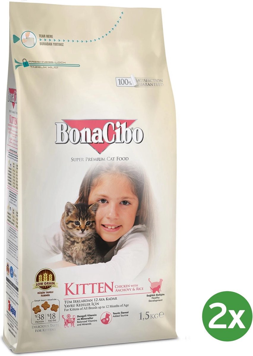 Bonacibo Kittenvoer - Kip & Rijst met Ansjovis - 2 x 1.5 KG