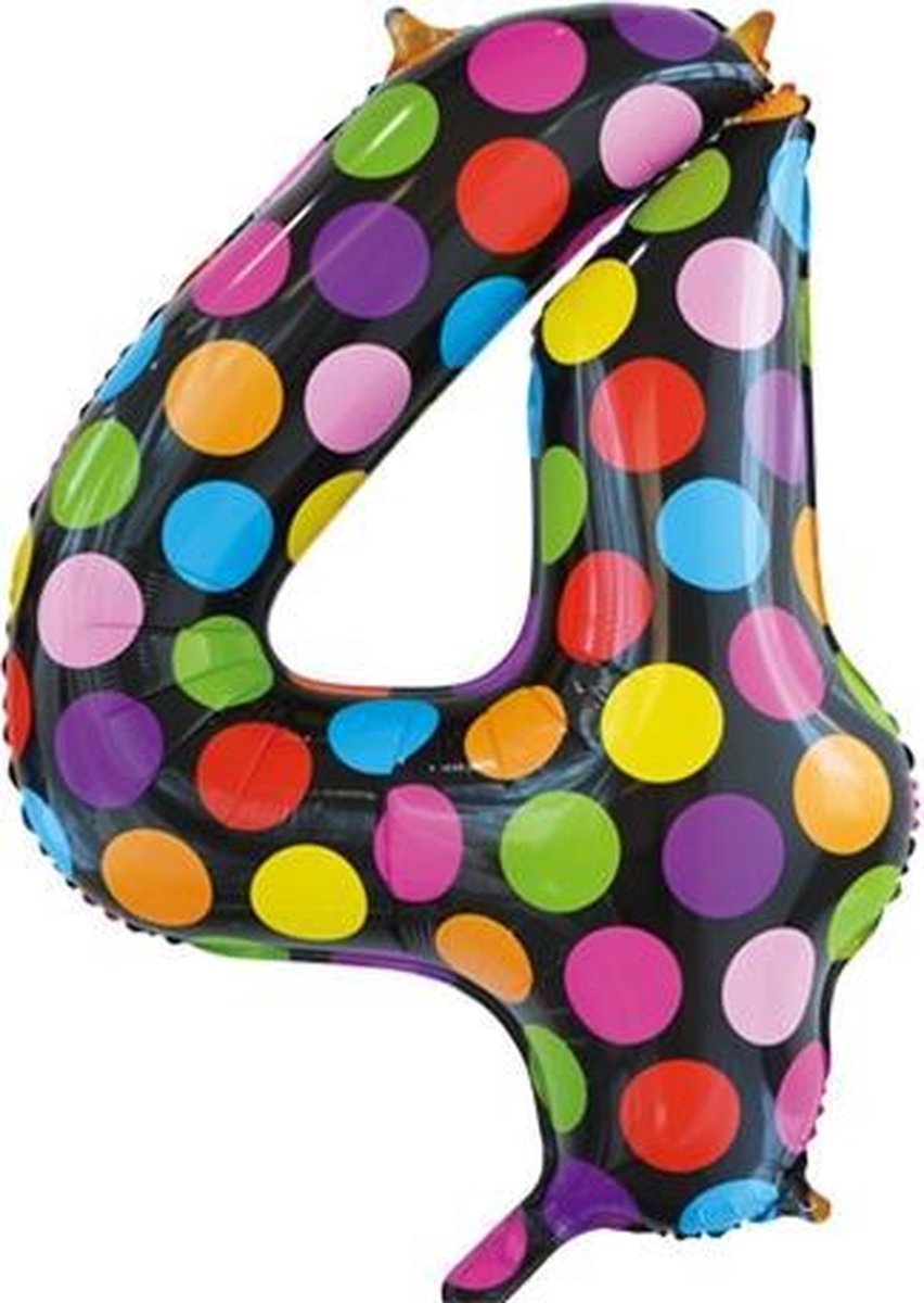 Folie ballon cijfer 4 in het zwart met gekleurde stippen 86 cm