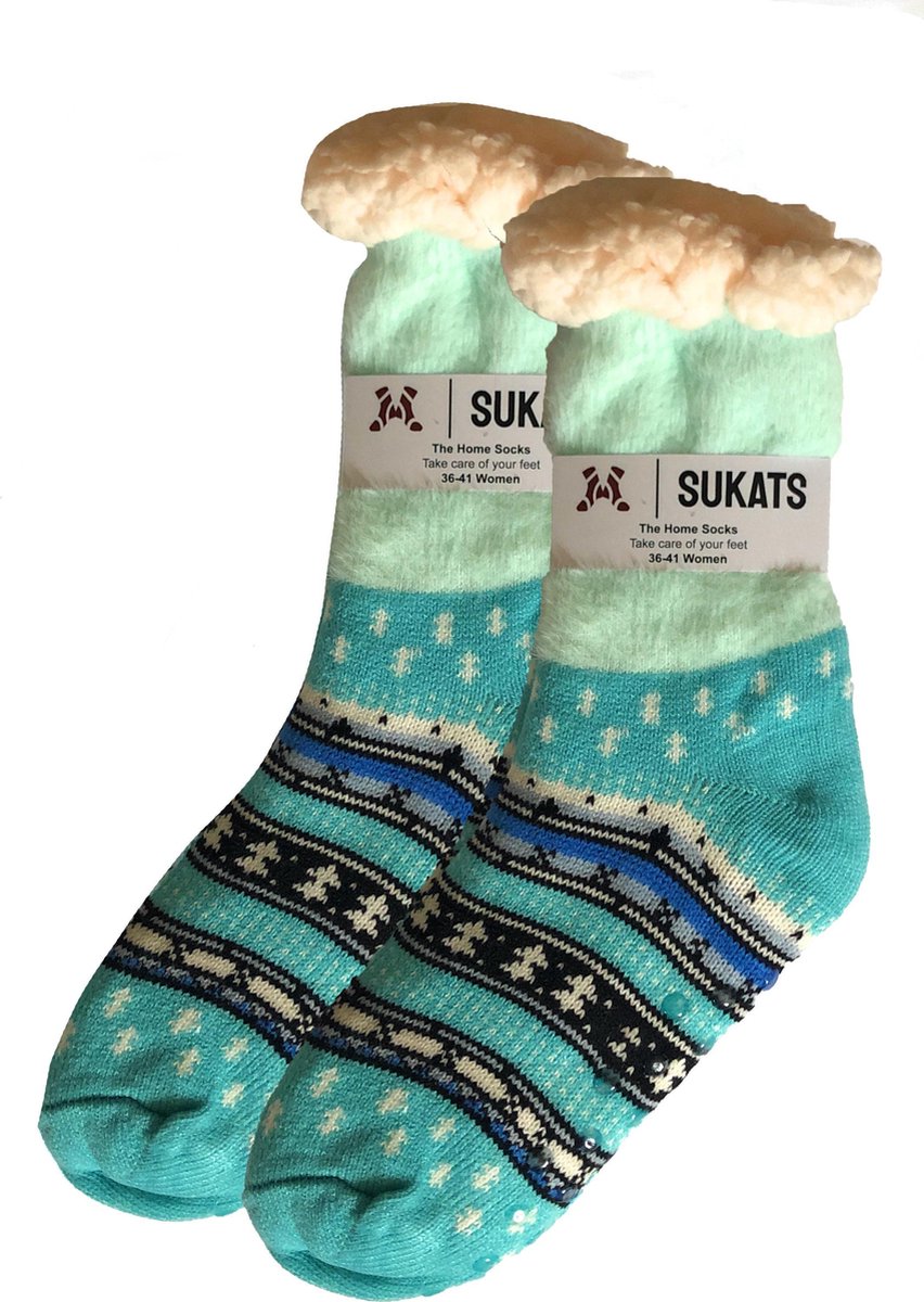 Sukats - Homesocks - Huissokken - Dames en Heren - Maat 36-41 - Lichtblauw - Retro - Anti-Slip - Fluffy - Meerdere Maten en Varianten