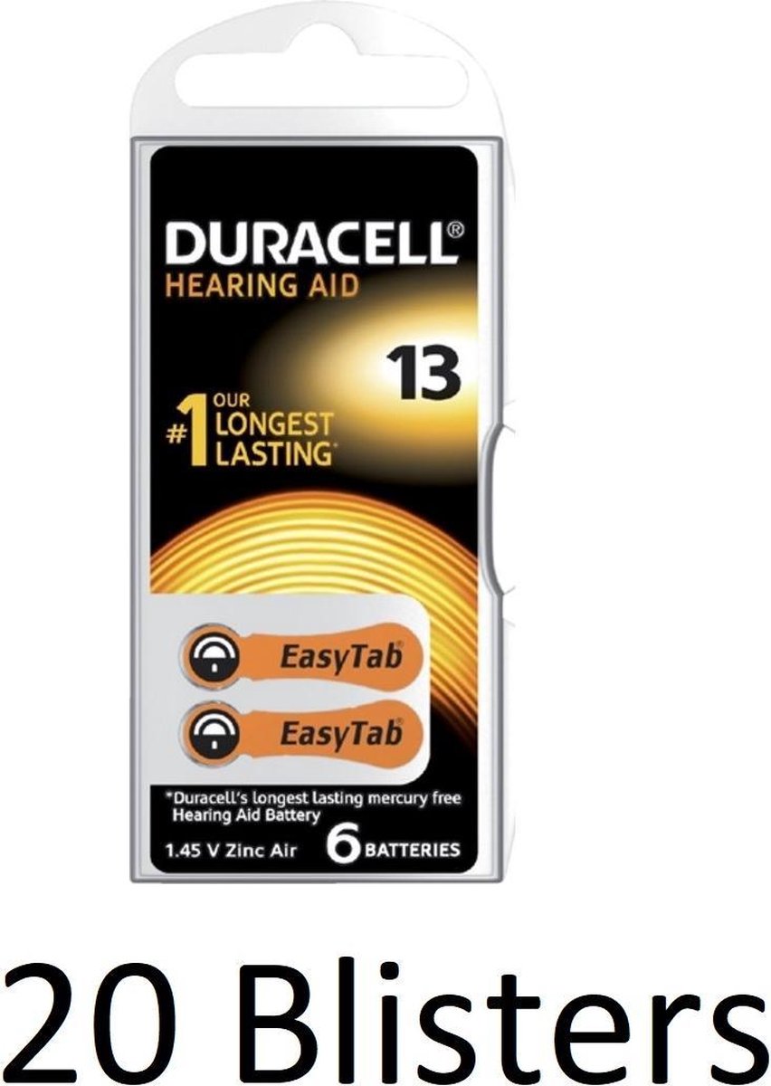 120 Stuks (20 Blisters a 6 st) duracell Batterij da13 hearing aid
