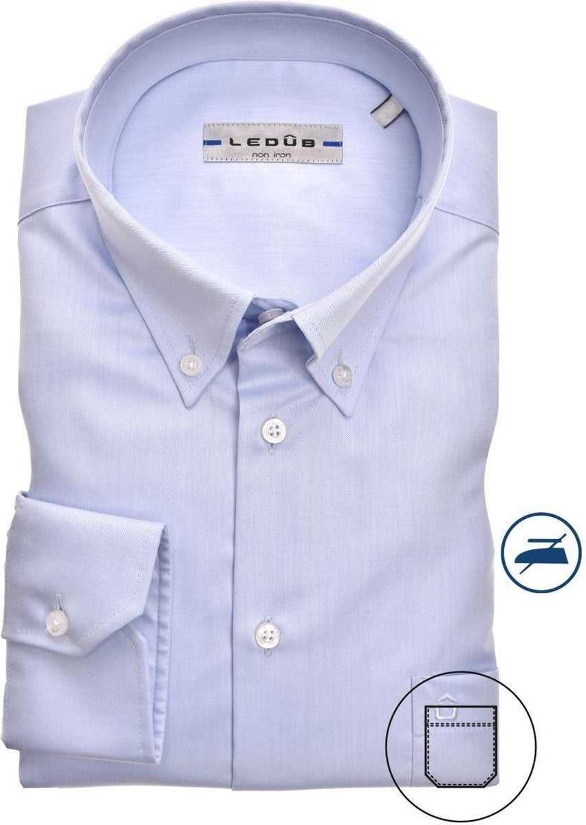 Ledub Modern Fit overhemd - lichtblauw twill - Strijkvriendelijk - Boordmaat: 48
