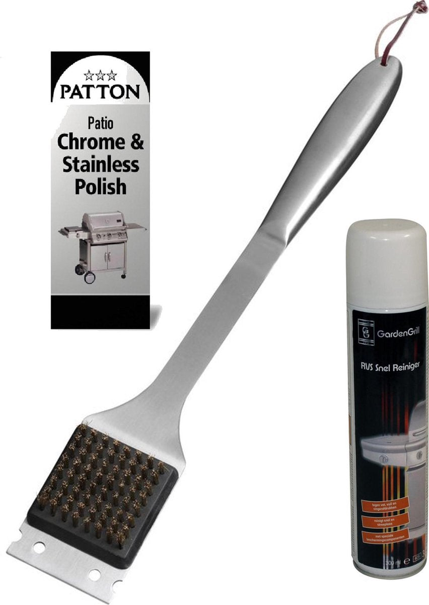 Patton 3-delige BBQ schoonmaakset - schoonmaak borstel - snelreiniger - chrome & RVS polish