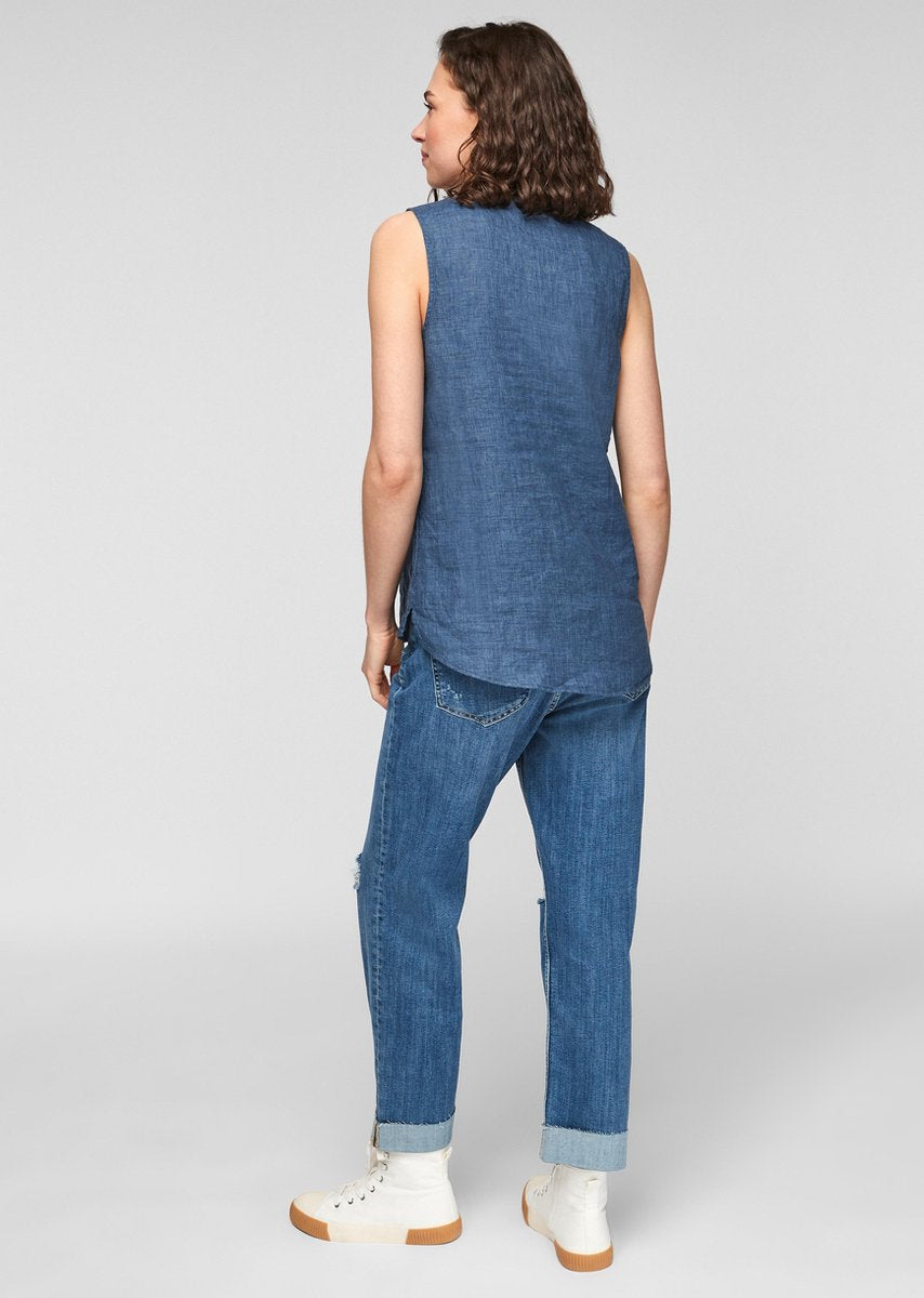 s.Oliver Blouse Dames Mouwloos - Regular Fit - V Hals - 100% Linnen - Donkerblauw - Maat S (36)