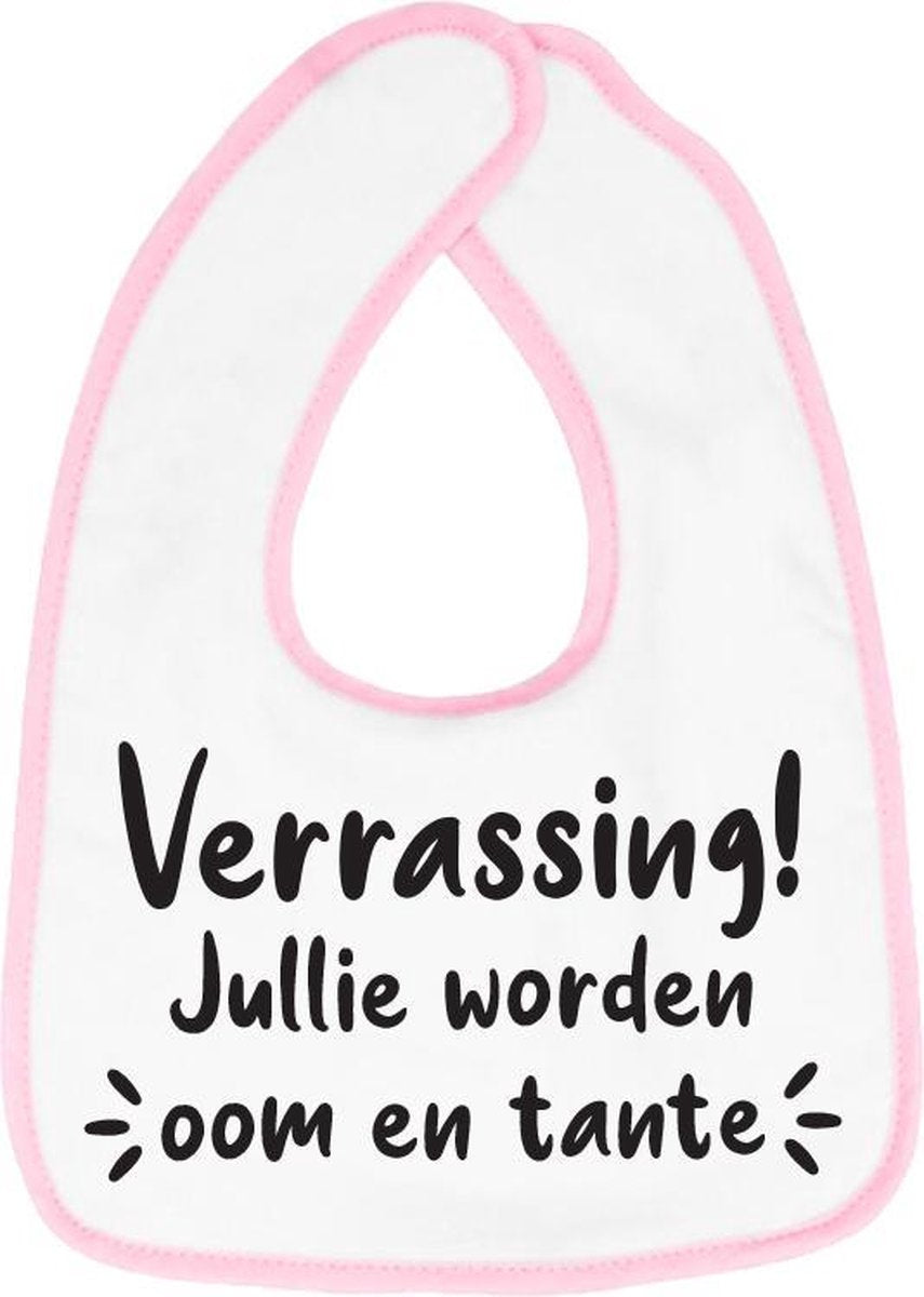 Hospitrix Slabbetje met tekst "Verrasing! Jullie worden oom en tante" Roze - Cadeau Zwangerschap - Baby Kwijldoek - Kwijllap - Morslap - Bavette