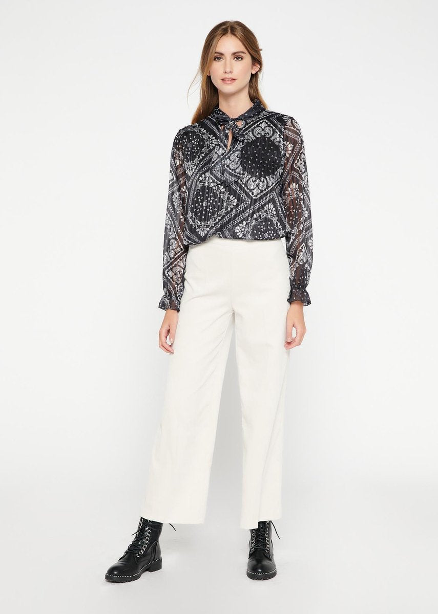Blouse met print en kraag met strik - Zwart