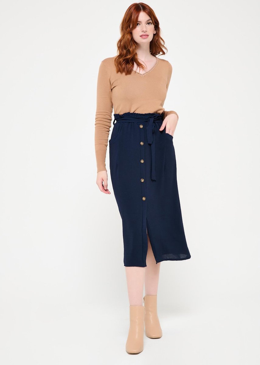 Midi rok met ruches en ceintuur - Marine Blauw