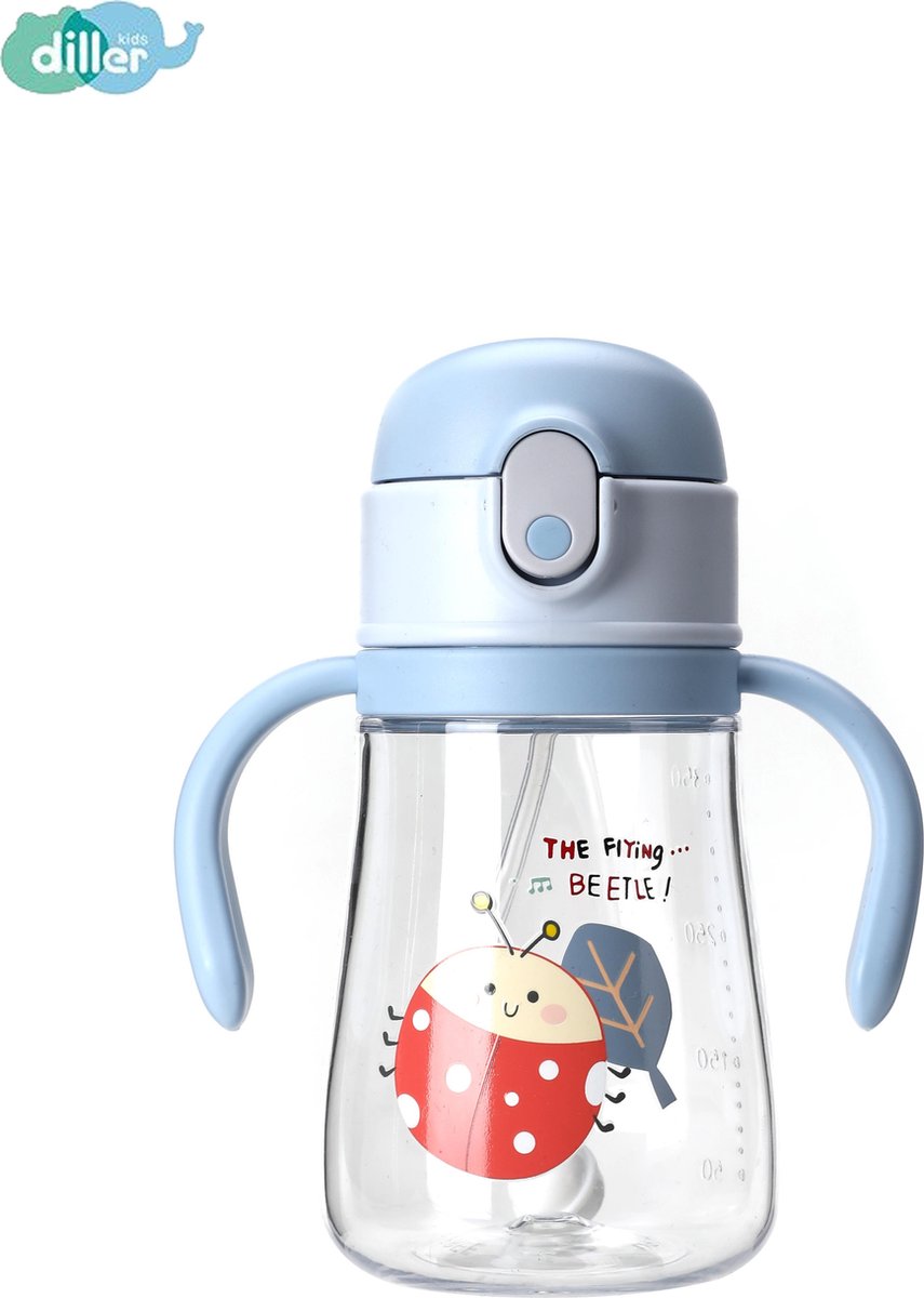 Diller Waterfles met Rietje – Drinkfles met handvaten – Kinderen/Peuters – Flexibel rietje – 350ml – BPA Vrij – Blauw - Lieveheersbeestje – Lekvrij
